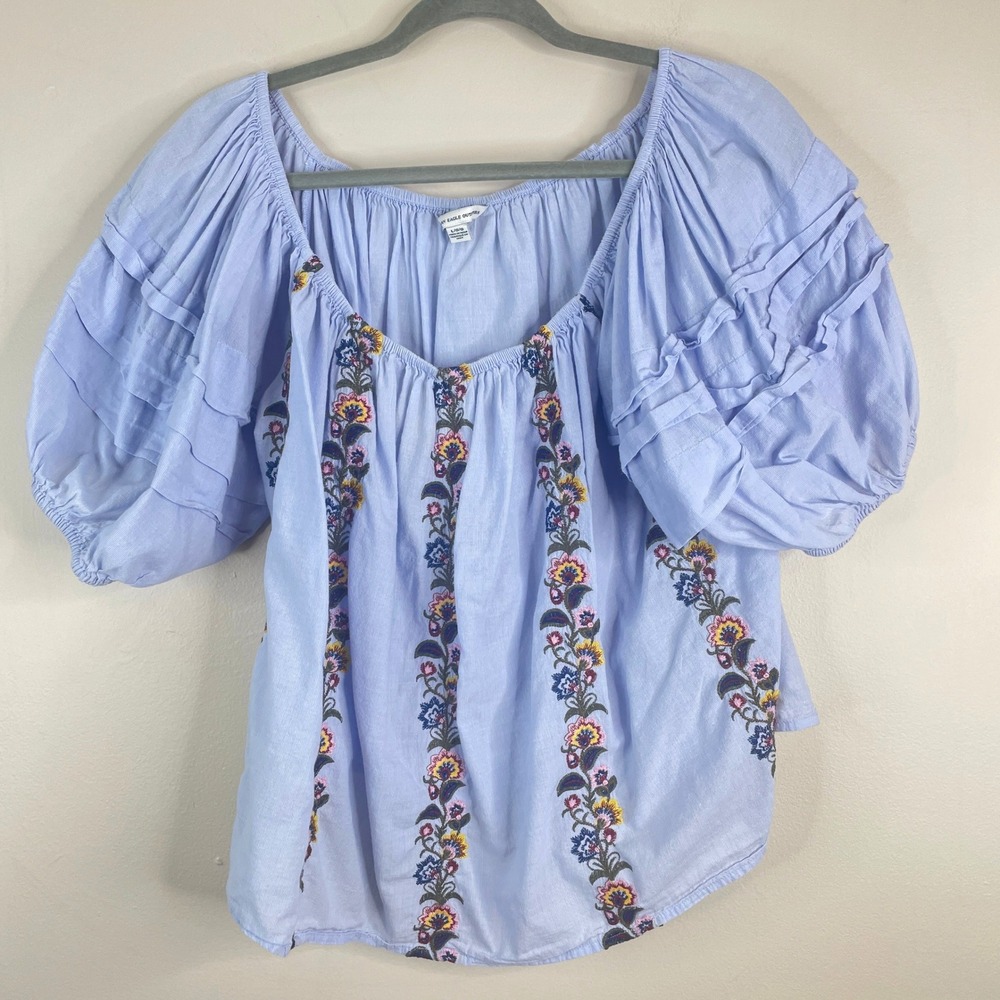 American Eagle Outfitters Boho Peasant Top Large Embroidered Puff Sleeve Western